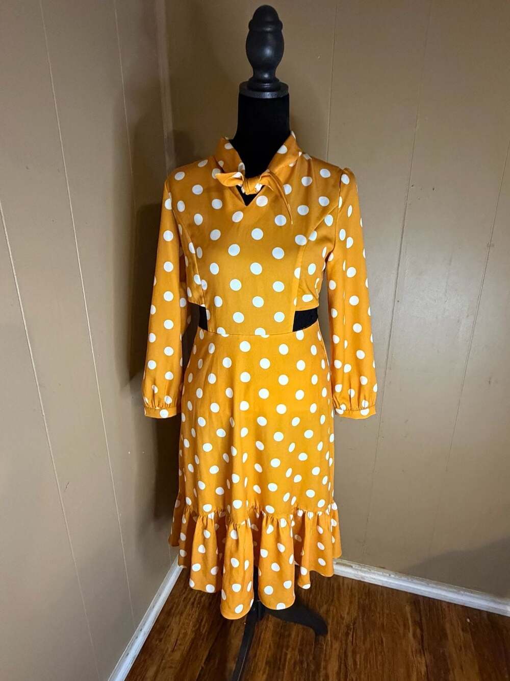 OMZIN Women's Elegant Polka Dot Long Sleeve Midi Dress with Bow Neck and Ruffle